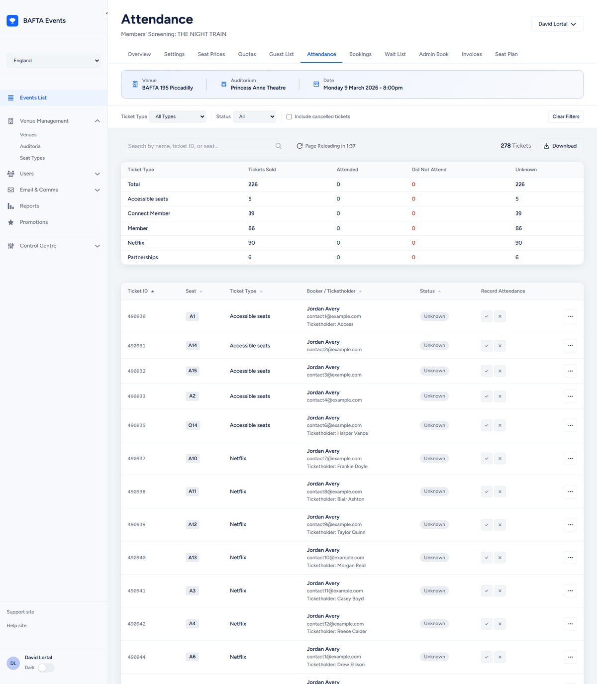 The redesigned attendance page, with per-ticket status controls for recording who attended